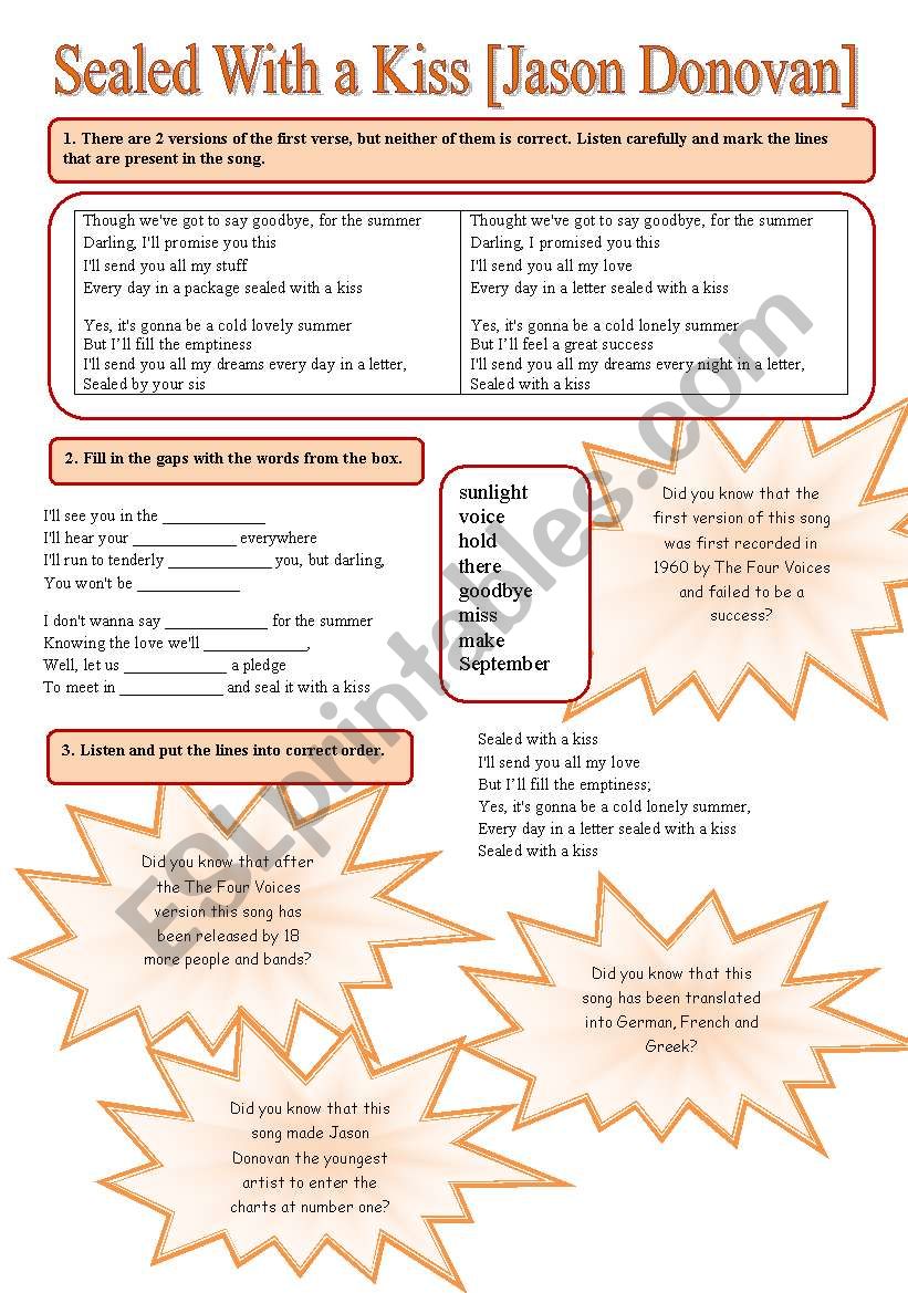 SONG!!! Sealed With a Kiss [Jason Donovan] - Printer-friendly version included